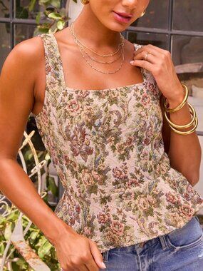 Vici Collection Rosemilk Floral Tapestry Peplum Top (Small - Shortened Strap)